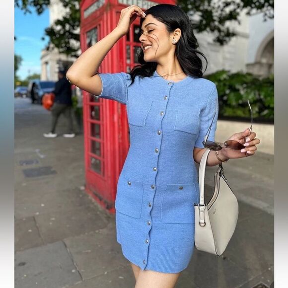 NWT GLOD BUTTON MINI KNIT DRESS BLUE  SIZE Small - Picture 2 of 14